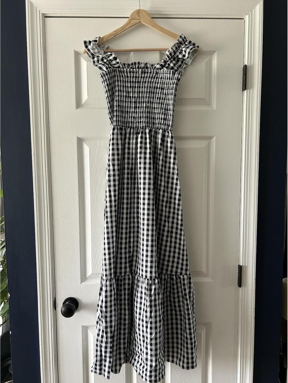 Gingham Smocked Maxi Dress Ruffle Strap Black/White Square Neck Sleeveless Small - Picture 4 of 6